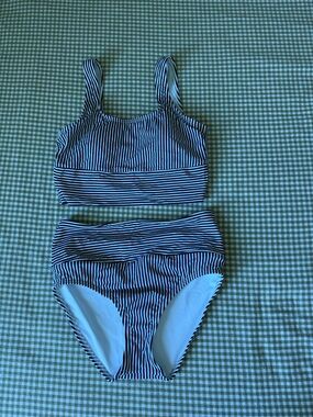 Lands' End Navy and White Striped High-Waist Bikini